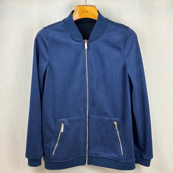 Joy Mangano CleanBoss Faux Suede Reversible Bomber Jacket Navy & Black Sz Small - Picture 1 of 12